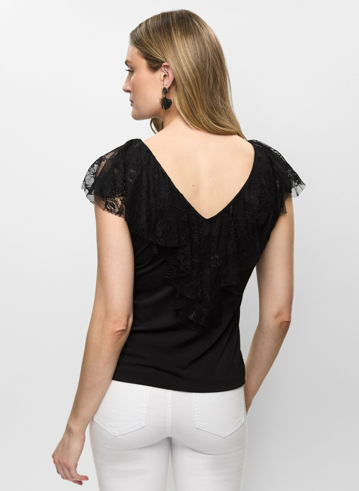 Women Lace Ruffle V-Neck Top Black | Melanie Lyne
