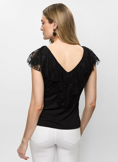Women Lace Ruffle V-Neck Top Black | Melanie Lyne