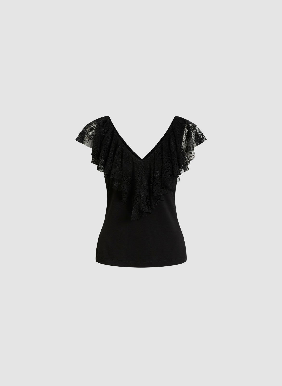 Women Lace Ruffle V-Neck Top Black | Melanie Lyne
