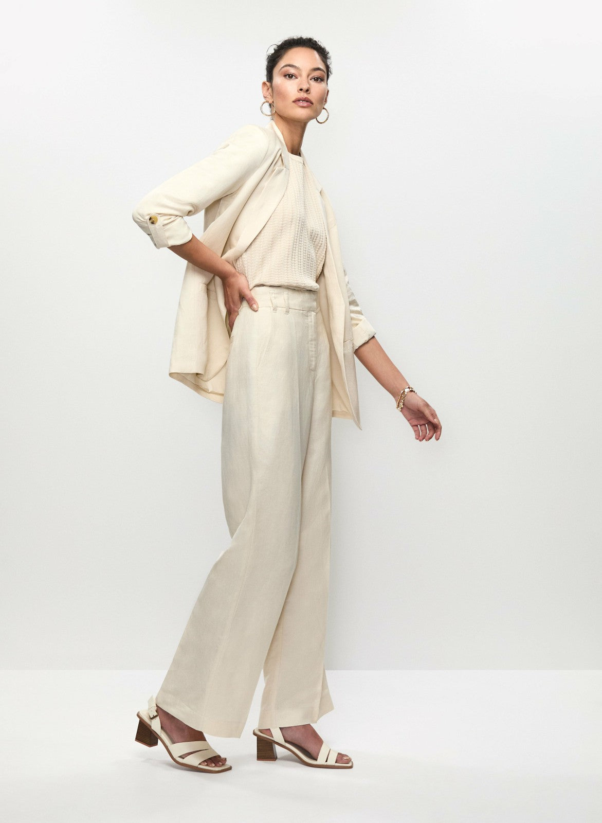 Women Linen-Blend Wide Leg Pants Stone | Melanie Lyne