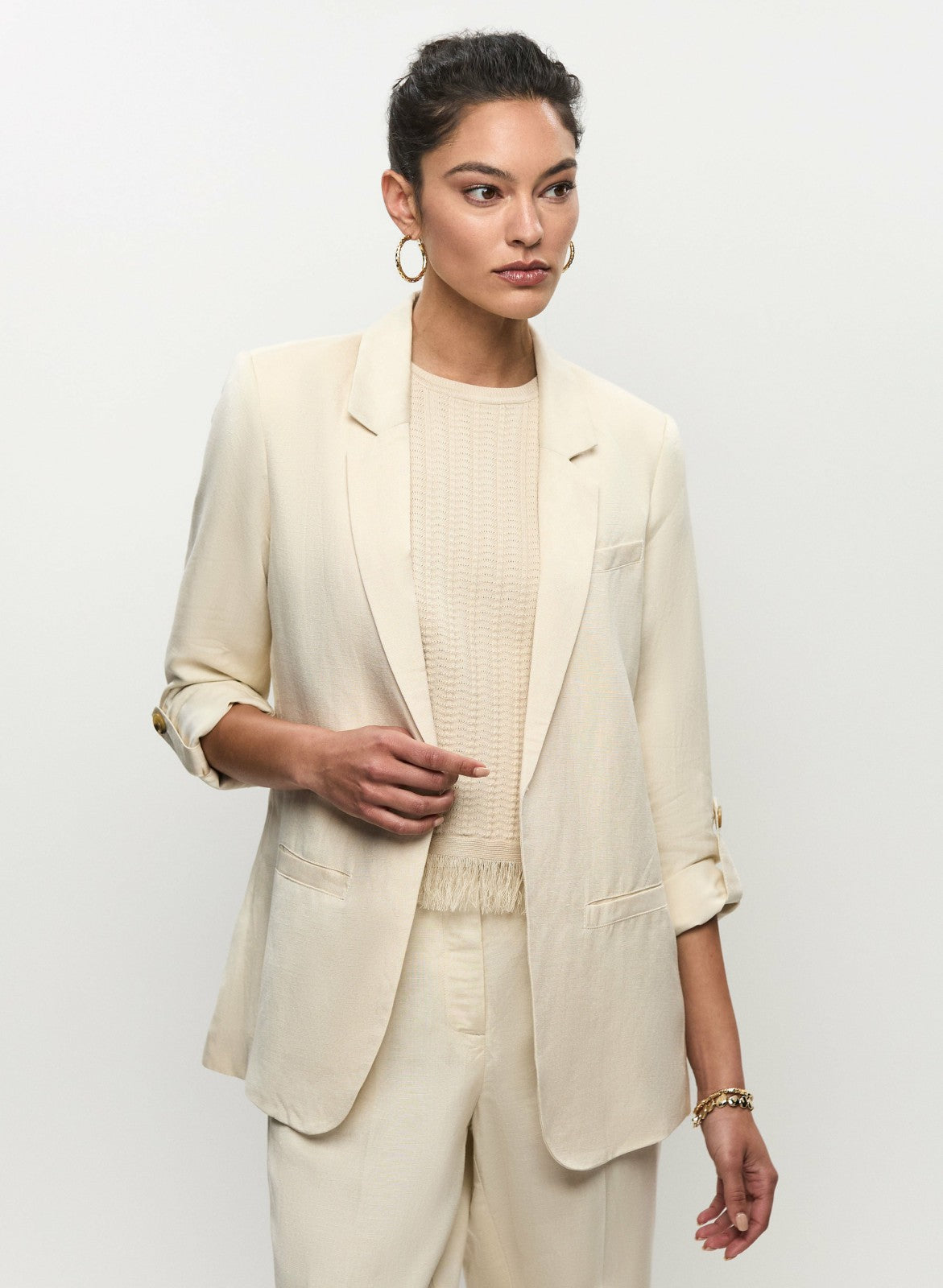 Women Rolled Sleeve Linen-Blend Blazer Stone | Melanie Lyne