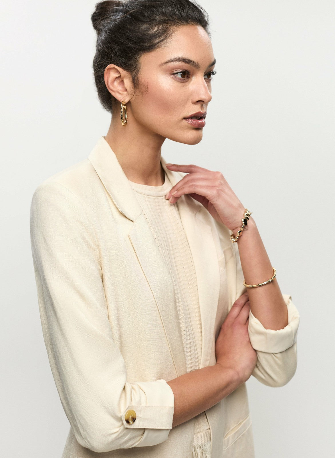 Women Rolled Sleeve Linen-Blend Blazer Stone | Melanie Lyne