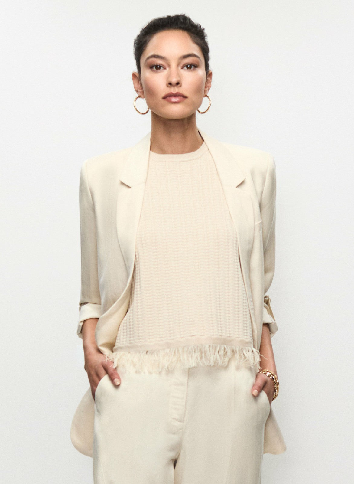Women Rolled Sleeve Linen-Blend Blazer Stone | Melanie Lyne