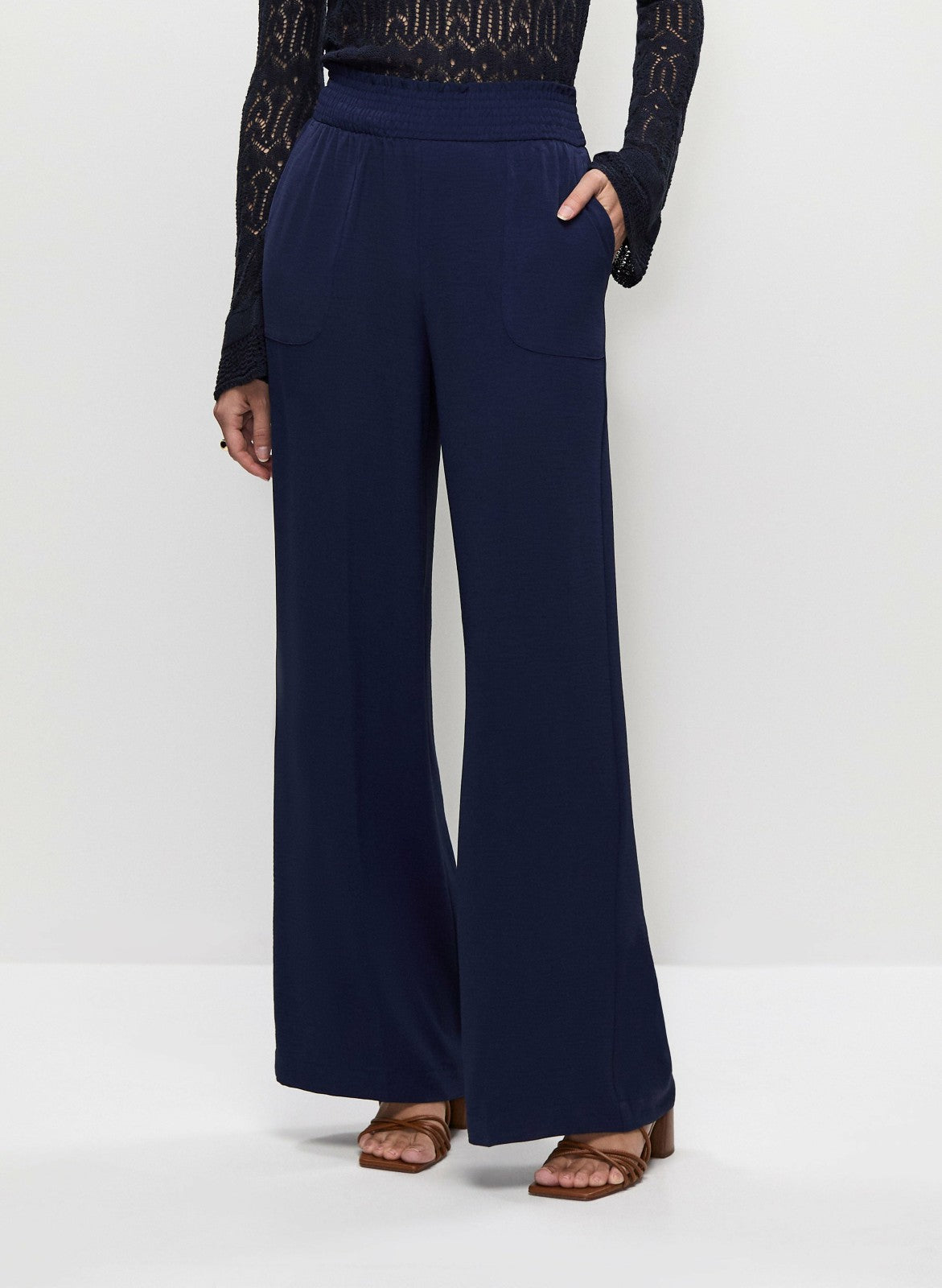 Women Shirred Waist Wide-Leg Pants Marine | Melanie Lyne