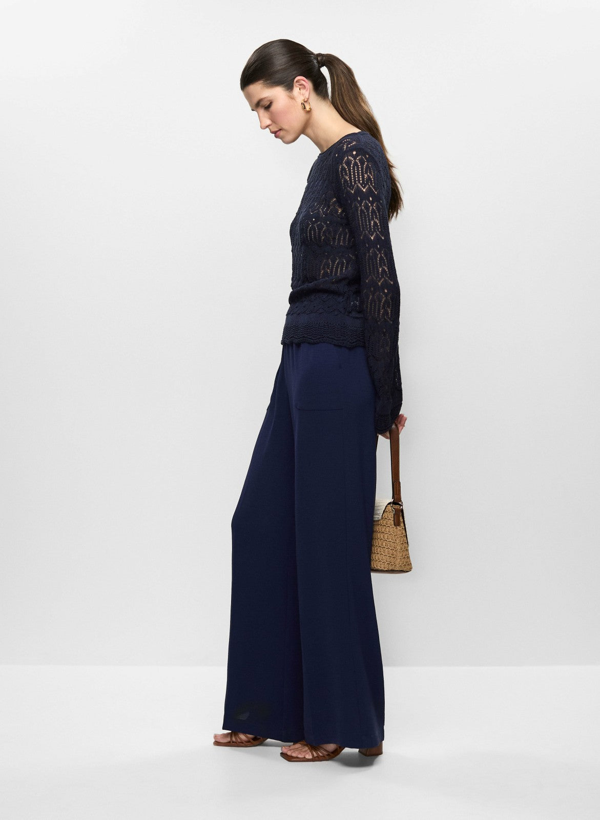 Women Shirred Waist Wide-Leg Pants Marine | Melanie Lyne