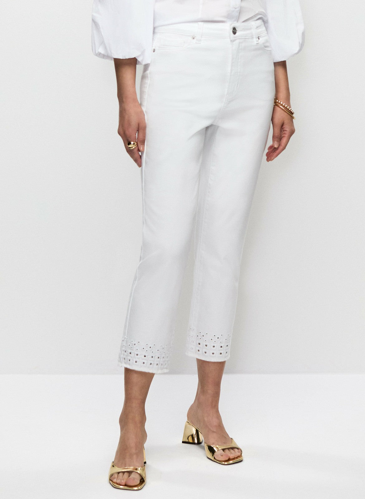 Women Eyelet Hem Denim Capris White | Melanie Lyne
