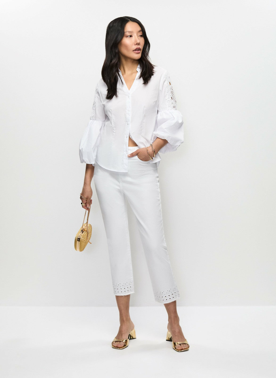 Women Eyelet Hem Denim Capris White | Melanie Lyne