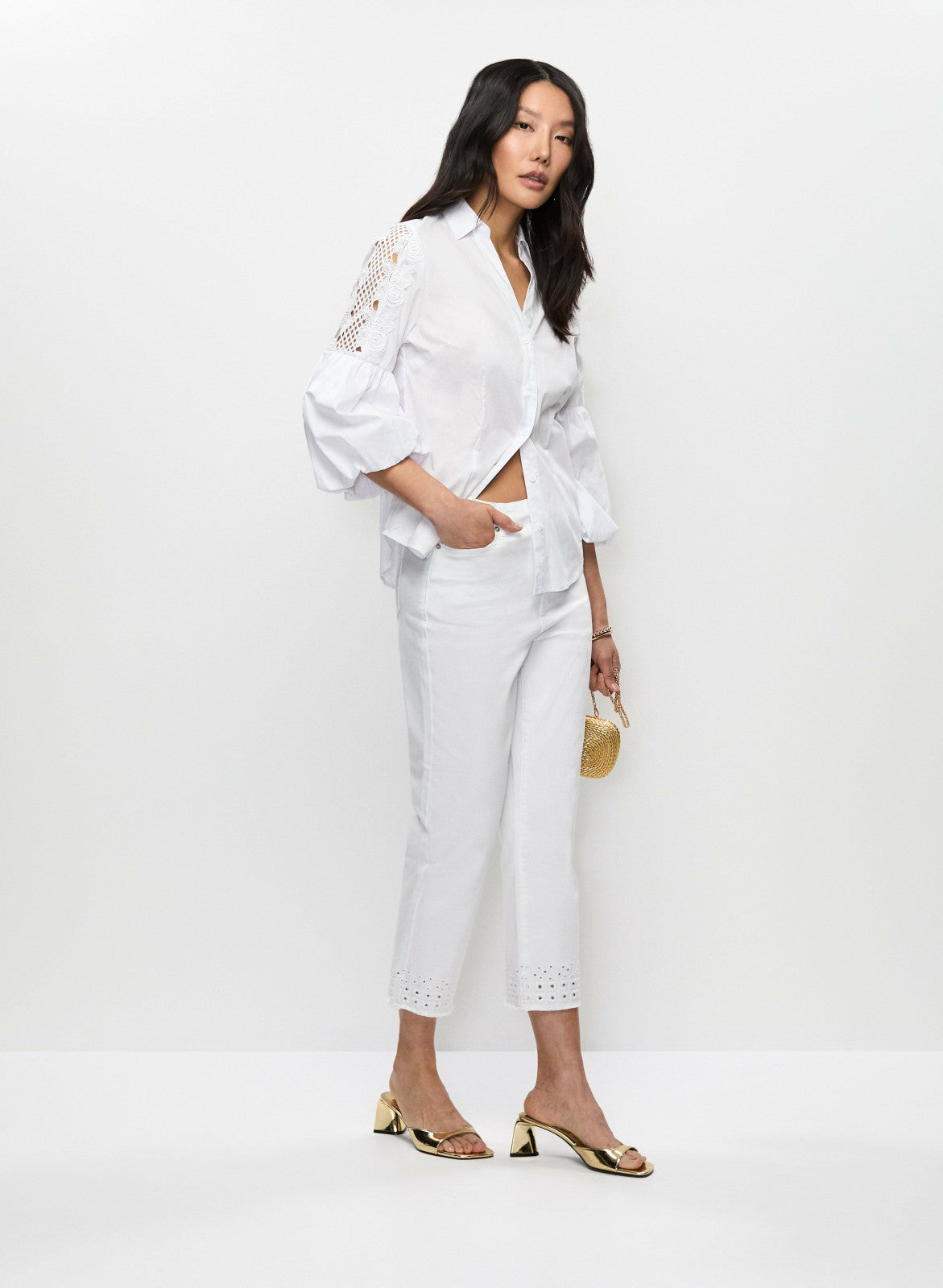 Women Eyelet Hem Denim Capris White | Melanie Lyne