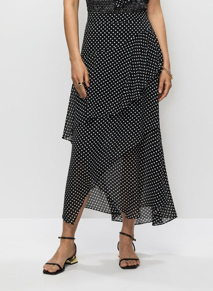 Women Asymmetric Polka Dot Maxi Skirt Black Pattern | Melanie Lyne