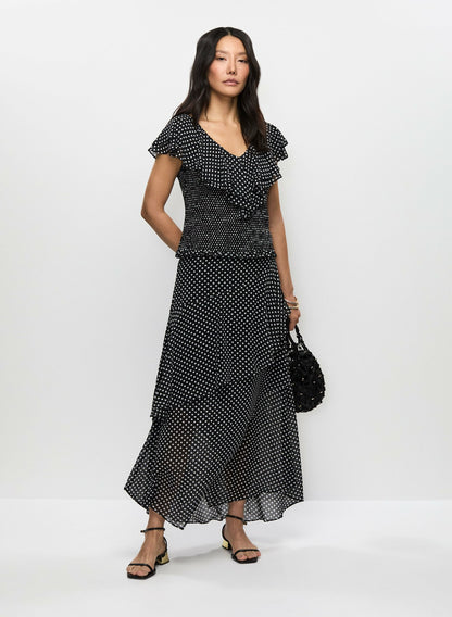 Women Asymmetric Polka Dot Maxi Skirt Black Pattern | Melanie Lyne