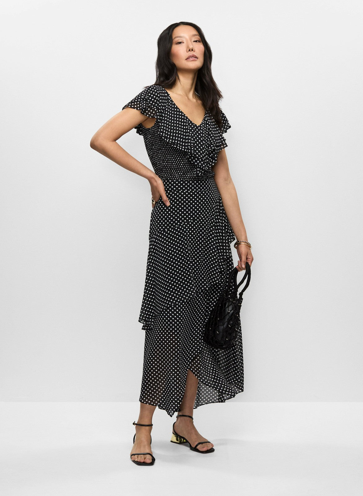 Women Asymmetric Polka Dot Maxi Skirt Black Pattern | Melanie Lyne
