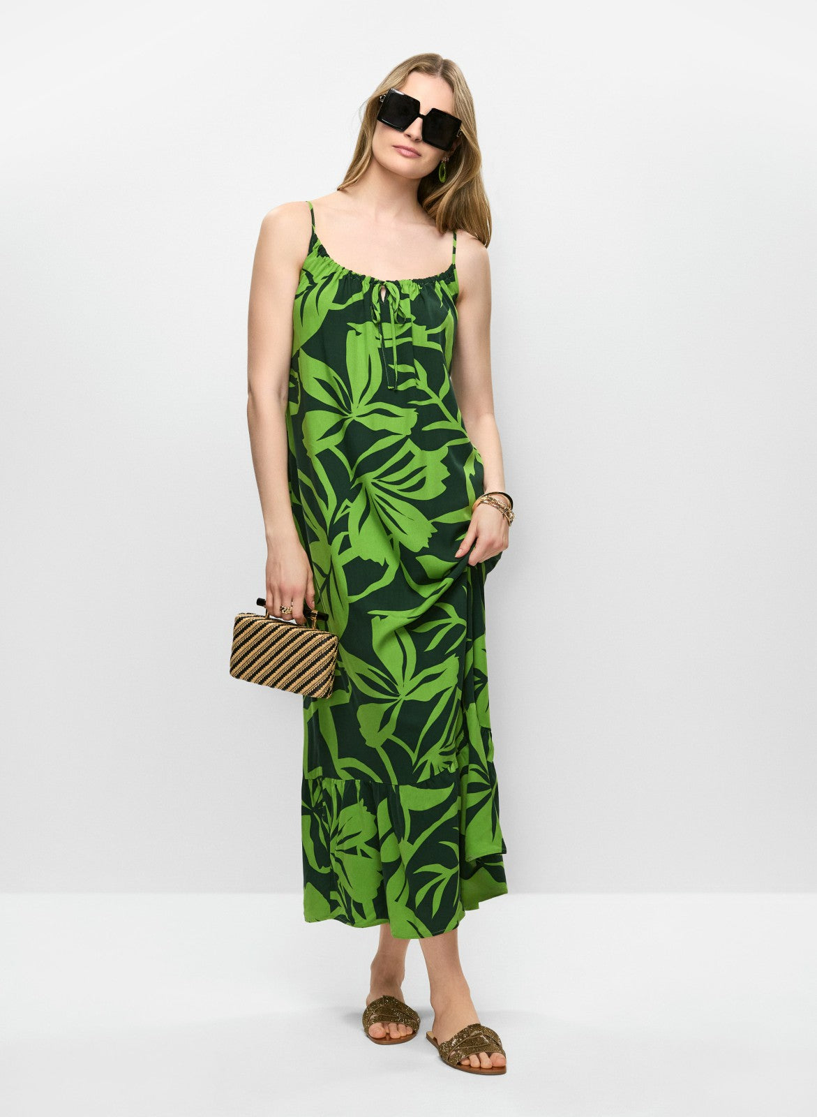 Women Tiered Palm Print Maxi Dress Green Pattern | Melanie Lyne