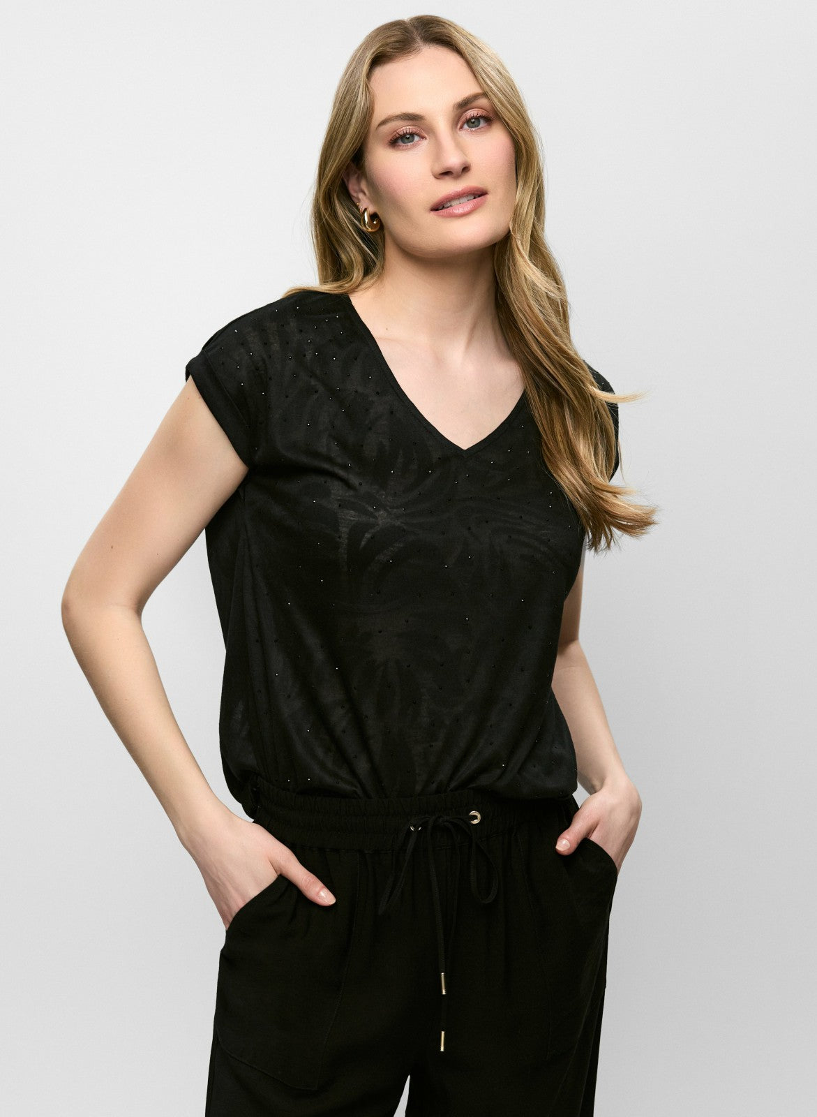 Women Embellished V-Neck Burnout Tee Black | Melanie Lyne