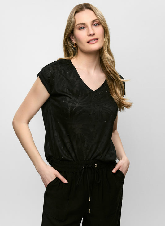 Women Embellished V-Neck Burnout Tee Black | Melanie Lyne