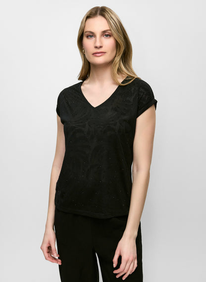 Women Embellished V-Neck Burnout Tee Black | Melanie Lyne