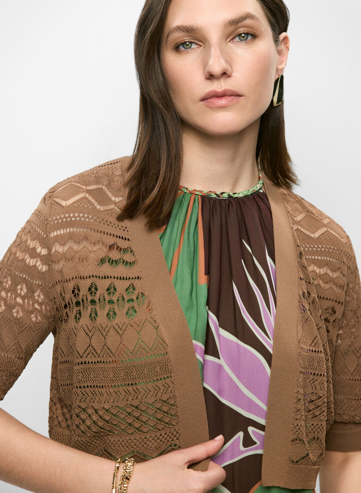 Women Pointelle Knit Bolero Pecan | Melanie Lyne