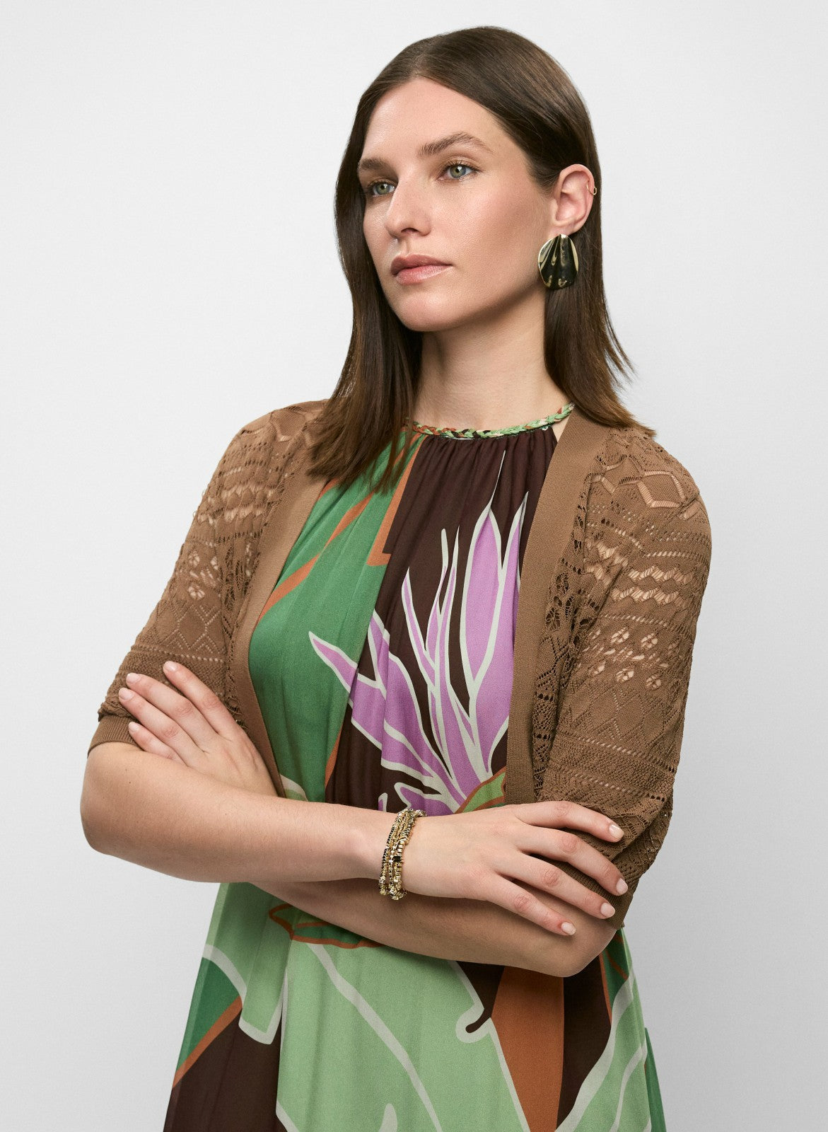 Women Pointelle Knit Bolero Pecan | Melanie Lyne