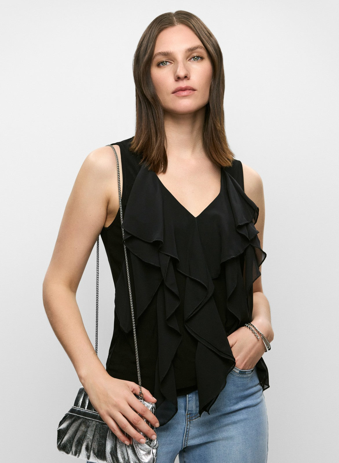 Women Sleeveless Cascading Ruffle Top Black | Melanie Lyne