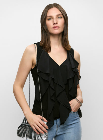 Women Sleeveless Cascading Ruffle Top Black | Melanie Lyne