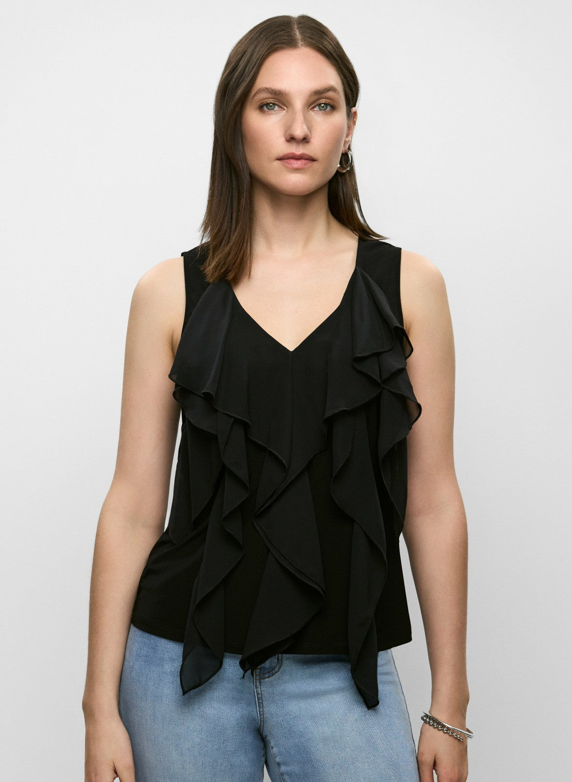 Women Sleeveless Cascading Ruffle Top Black | Melanie Lyne