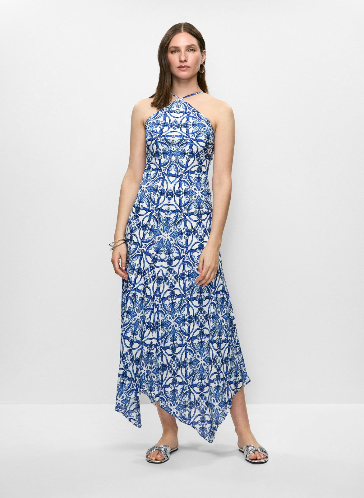 Women Scarf Print Hanky Hem Dress Blue Pattern | Melanie Lyne