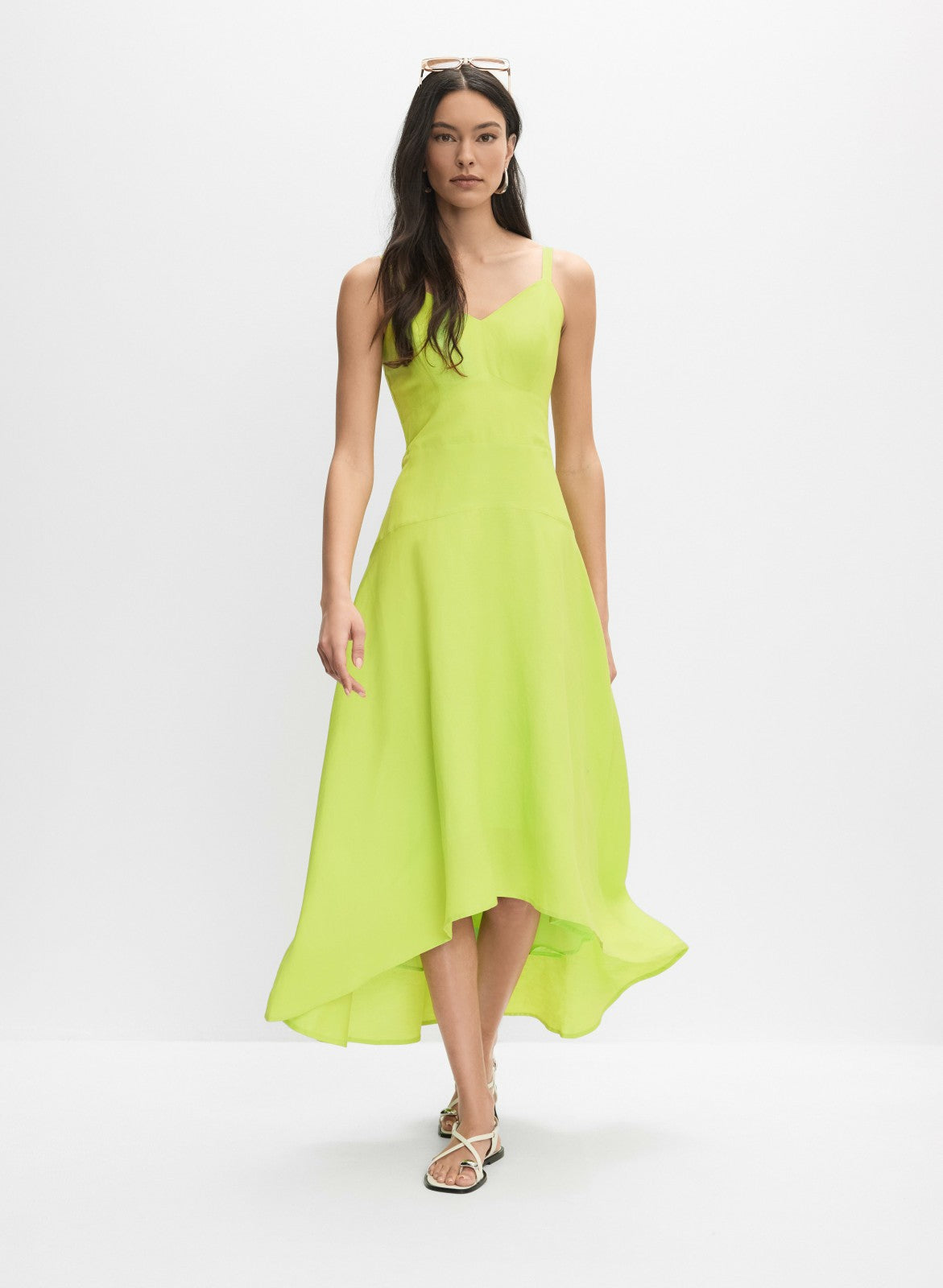 Women Linen-Blend Midi Dress Chartreuse Green | Melanie Lyne