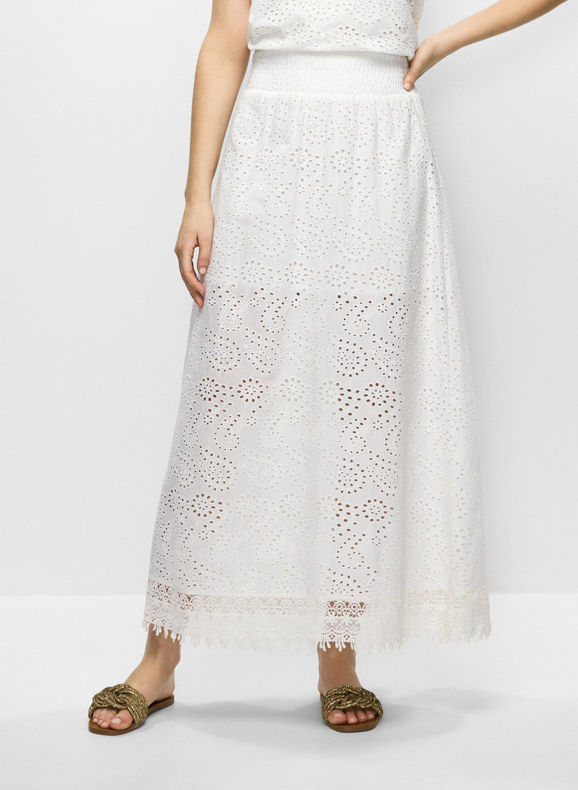 Women Tiered Eyelet Maxi Skirt Porcelain | Melanie Lyne