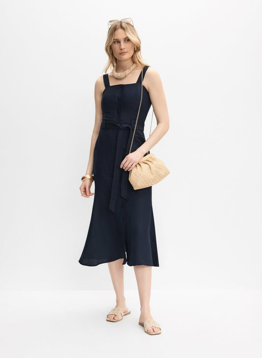 Women Linen-Blend Button-Down Dress Marine | Melanie Lyne
