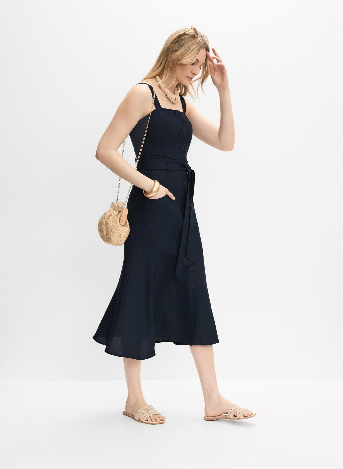 Women Linen-Blend Button-Down Dress Marine | Melanie Lyne