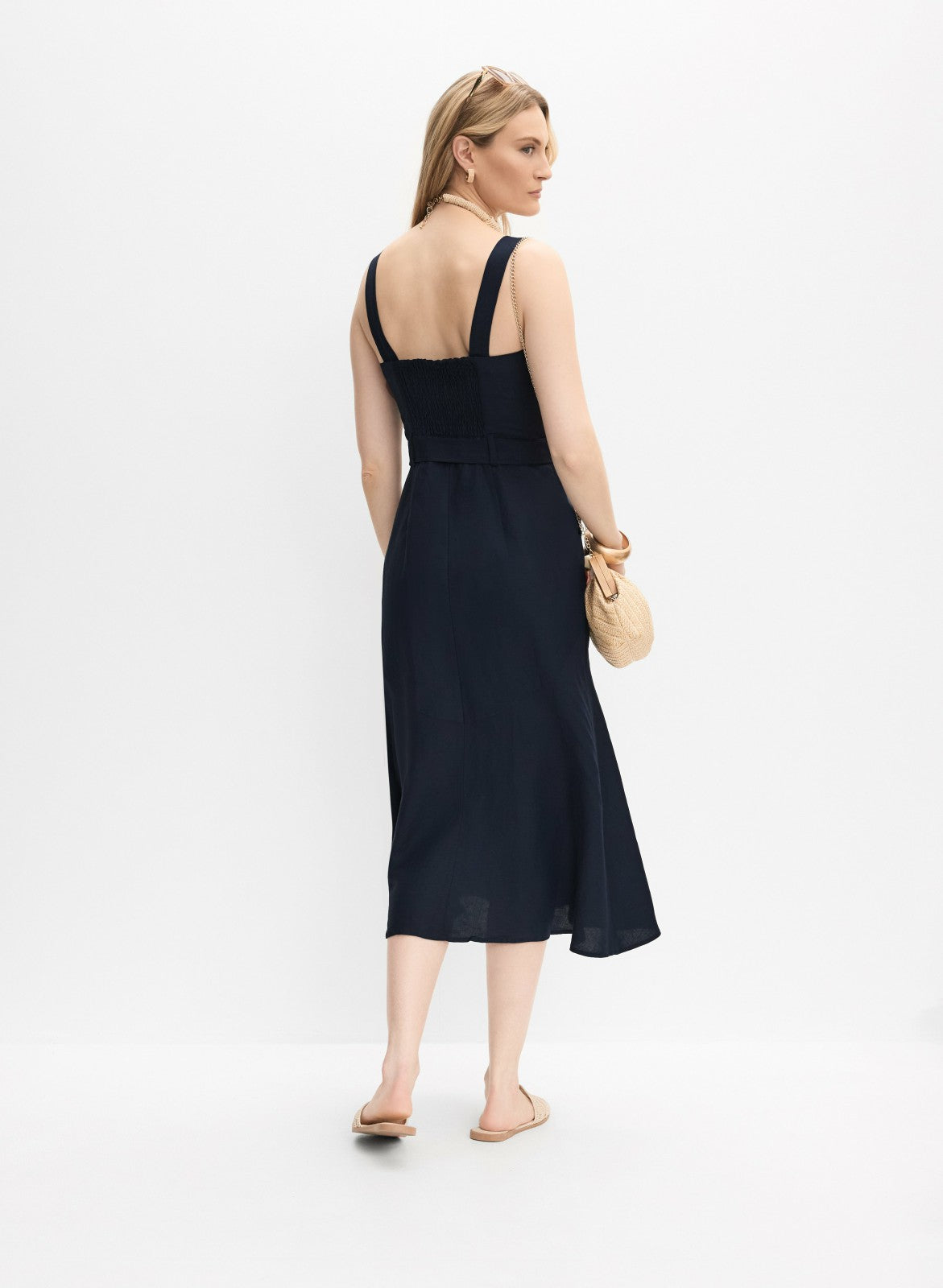 Women Linen-Blend Button-Down Dress Marine | Melanie Lyne
