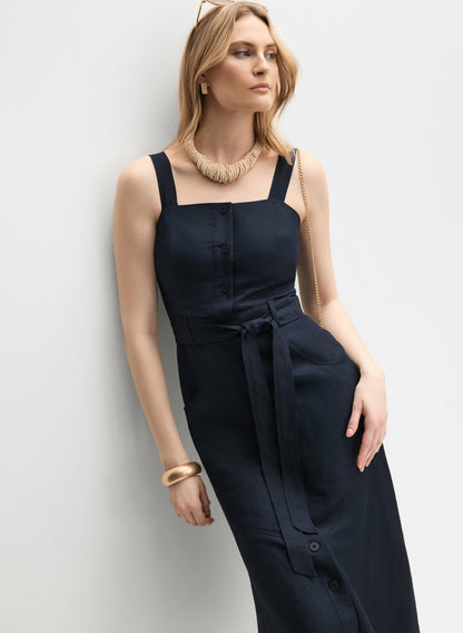 Women Linen-Blend Button-Down Dress Marine | Melanie Lyne