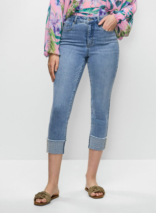 Women Sequin-Cuffed Capri Jeans Light Blue | Melanie Lyne