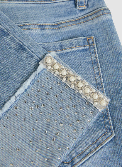 Women Sequin-Cuffed Capri Jeans Light Blue | Melanie Lyne