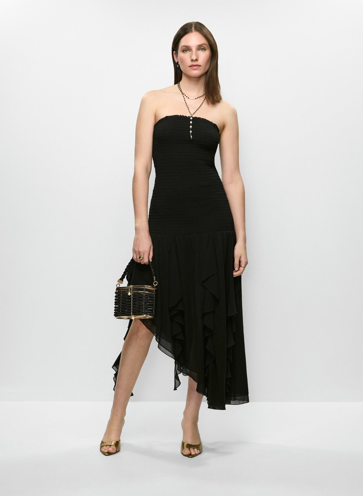 Women Smocked Bodice Ruffle Hem Dress Black | Melanie Lyne