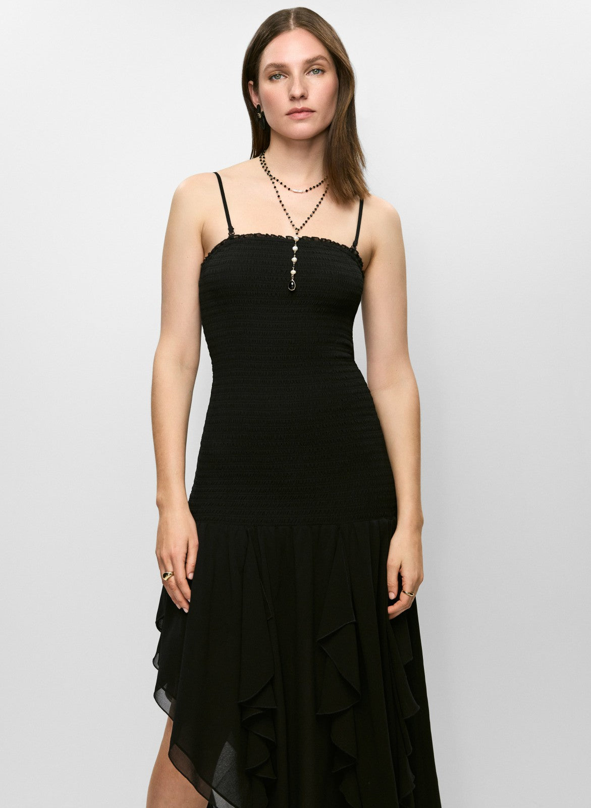 Women Smocked Bodice Ruffle Hem Dress Black | Melanie Lyne