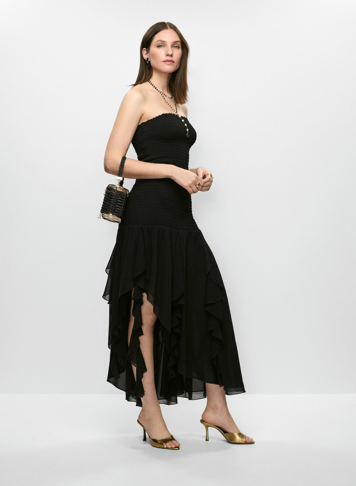 Women Smocked Bodice Ruffle Hem Dress Black | Melanie Lyne