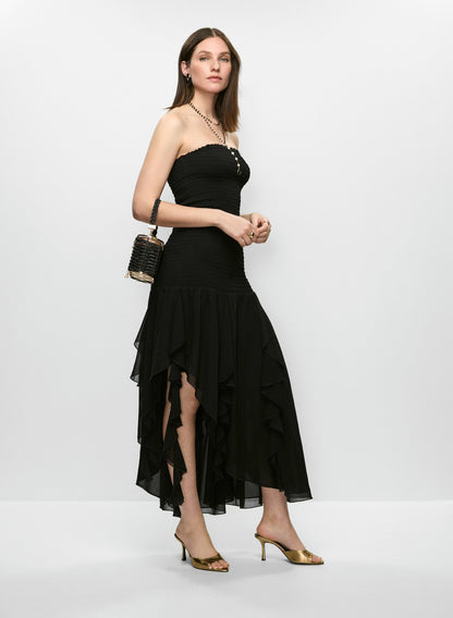 Women Smocked Bodice Ruffle Hem Dress Black | Melanie Lyne
