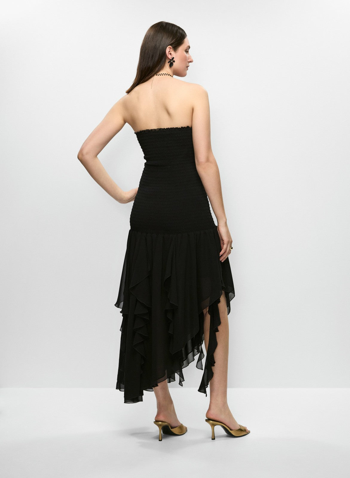 Women Smocked Bodice Ruffle Hem Dress Black | Melanie Lyne