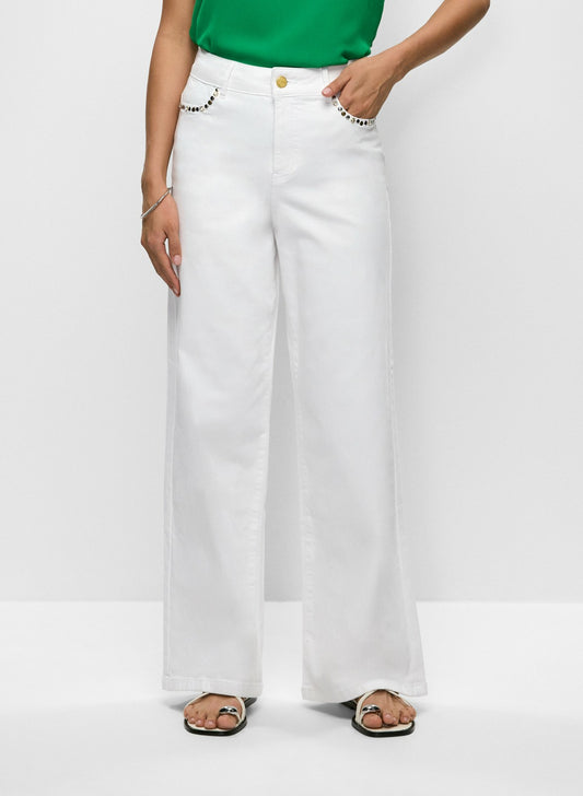 Women Rhinestone Wide Leg Jeans White | Melanie Lyne