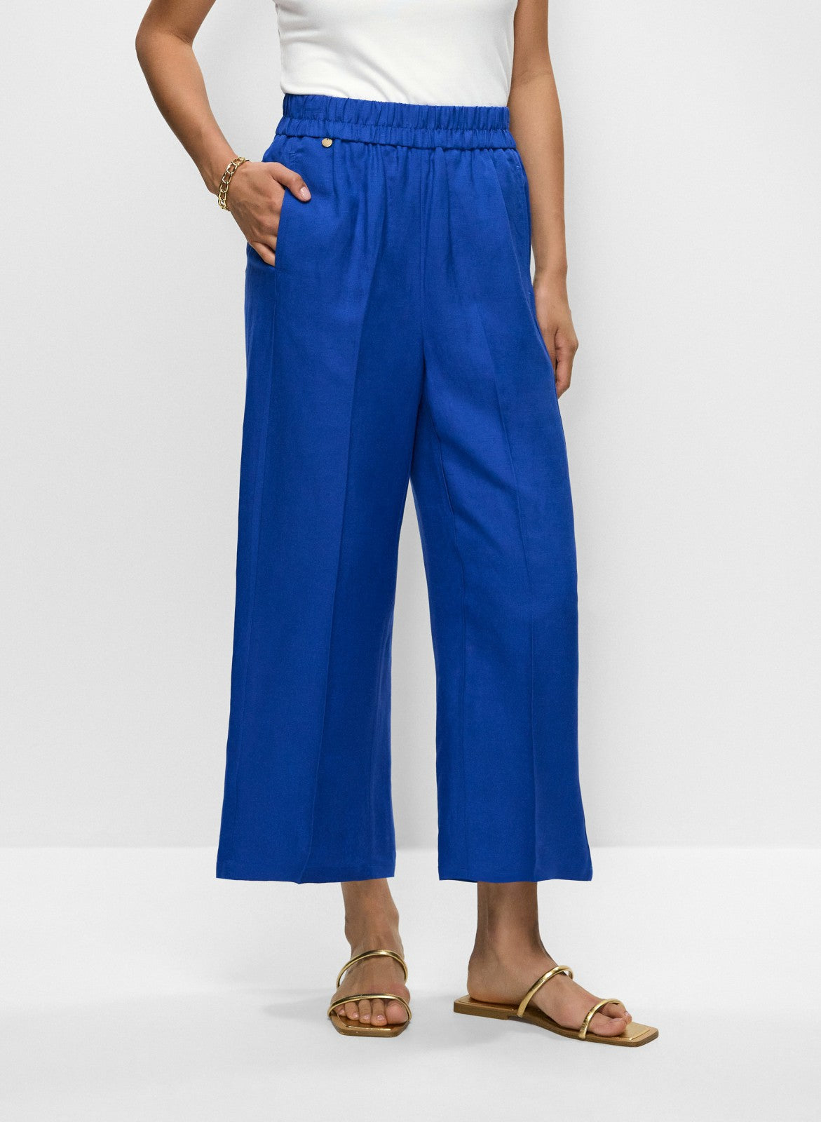 Women Pull-On Linen-Blend Culotte Pants Cobalt Blue | Melanie Lyne