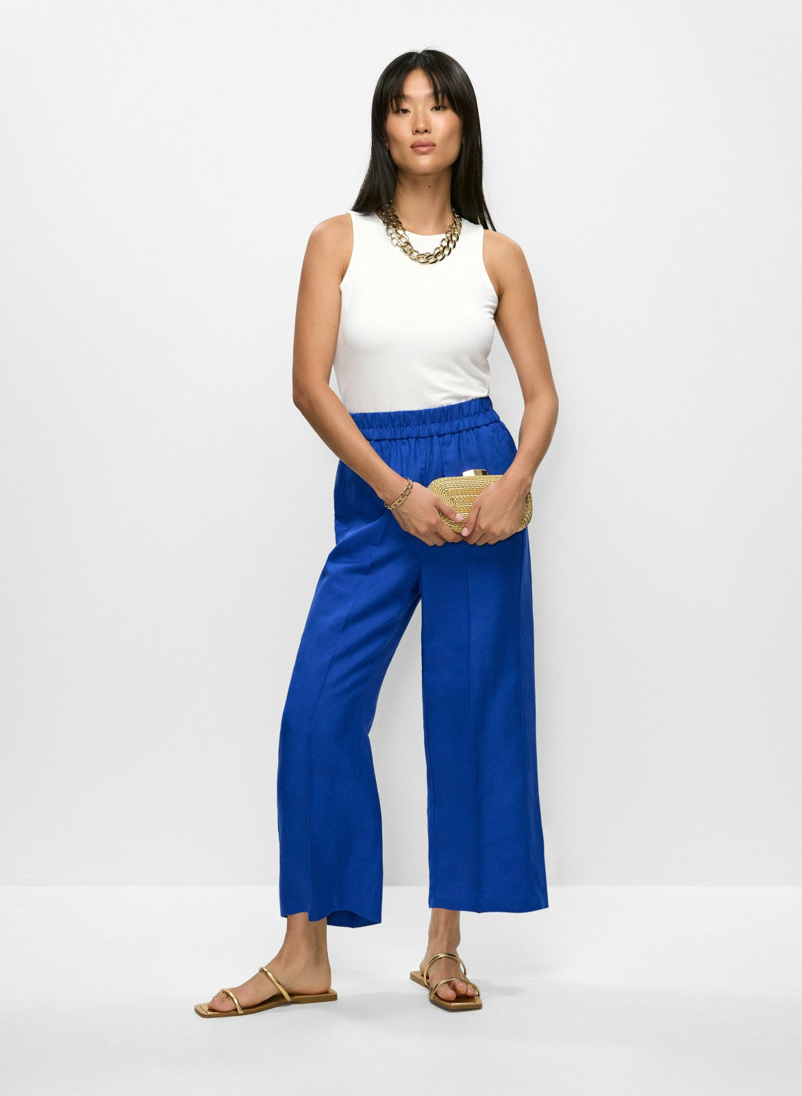 Women Pull-On Linen-Blend Culotte Pants Cobalt Blue | Melanie Lyne