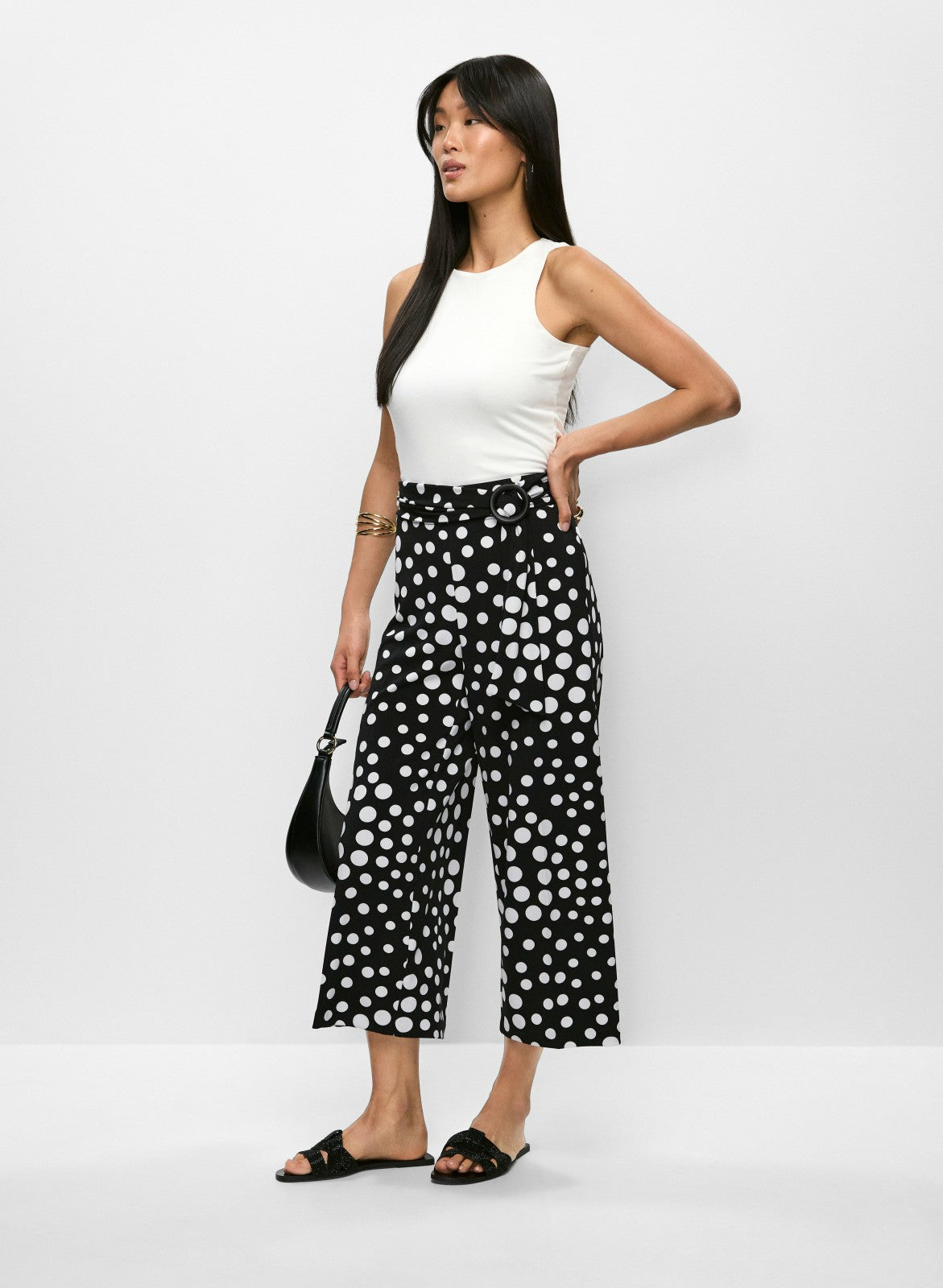 Women Belted Polka Dot Capris Black & White | Melanie Lyne
