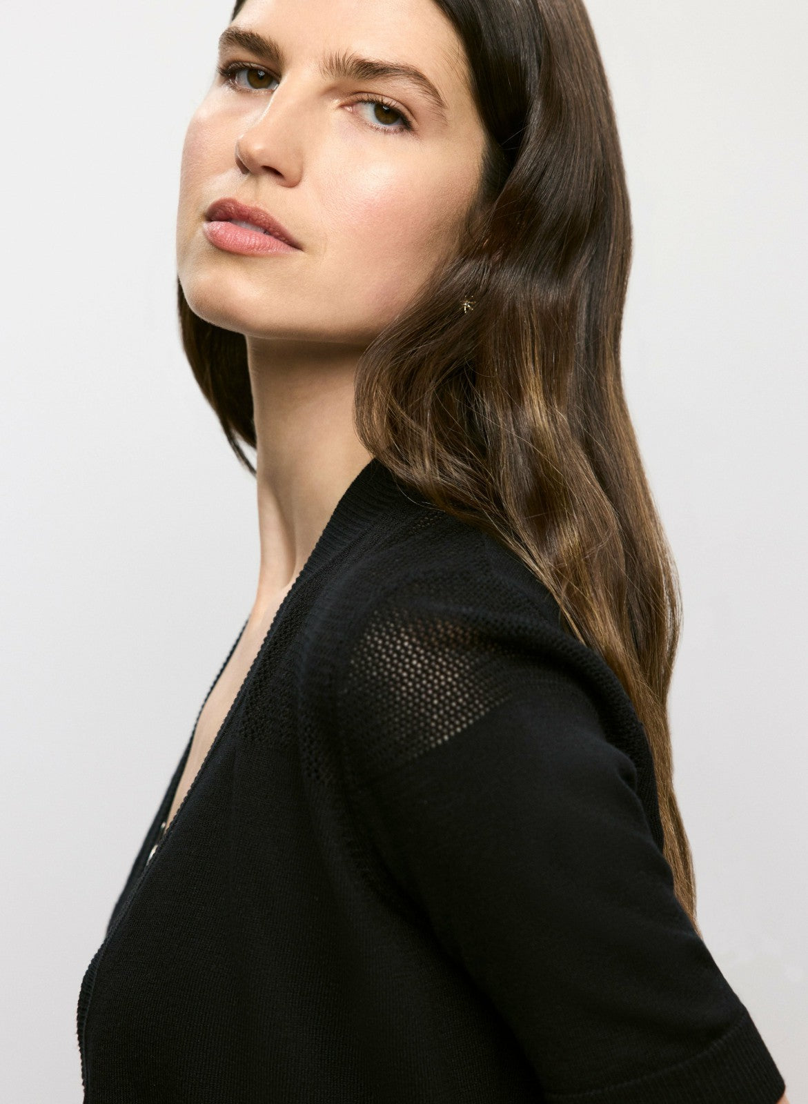 Women Elbow Sleeve Openwork Knit Bolero Black | Melanie Lyne
