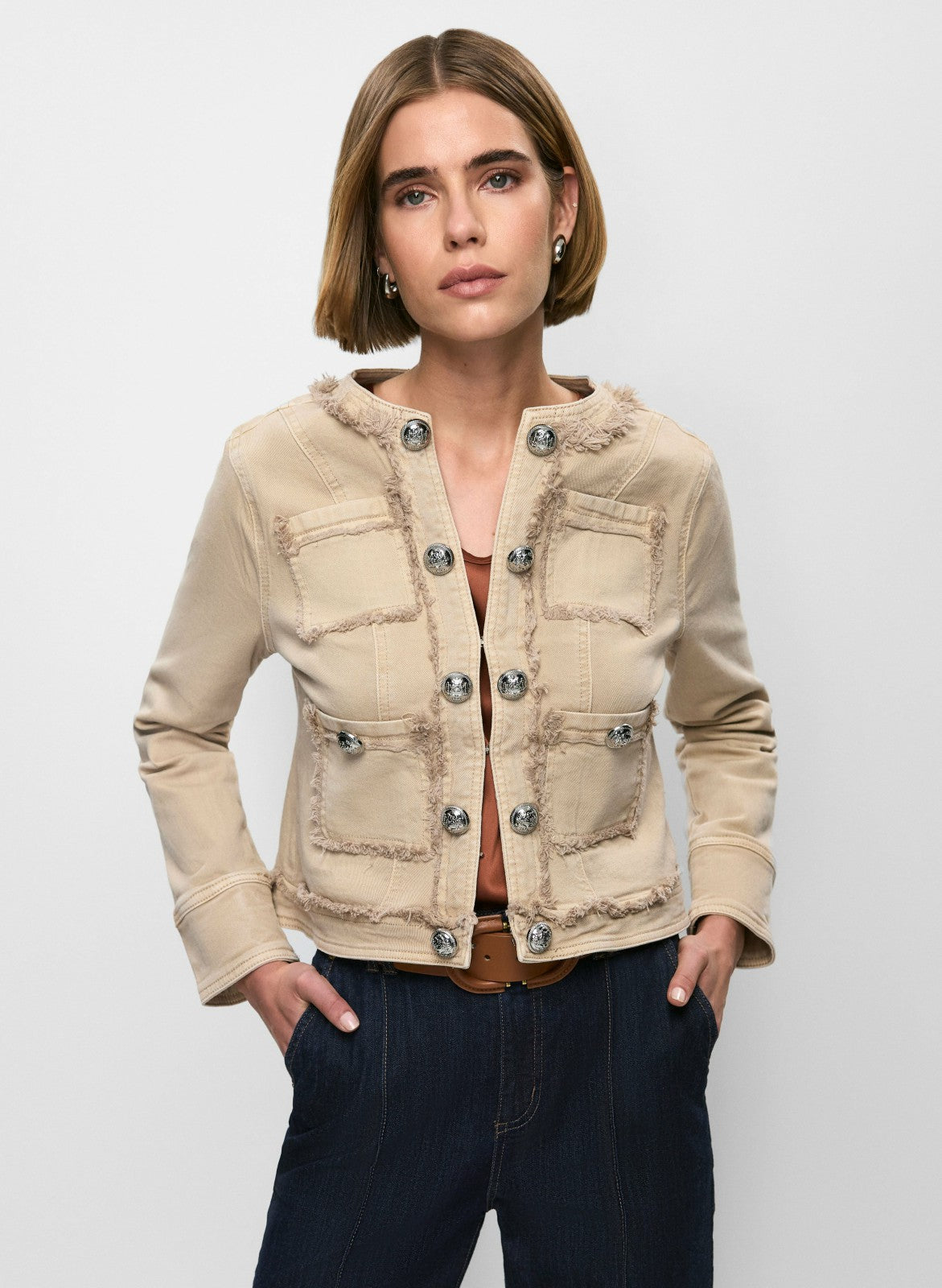 Women Decorative Fringe Denim Jacket Desert Sand | Melanie Lyne