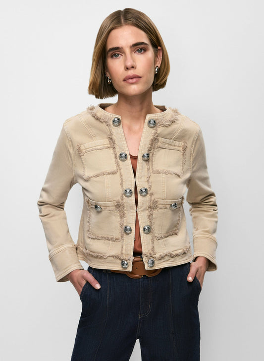 Women Decorative Fringe Denim Jacket Desert Sand | Melanie Lyne