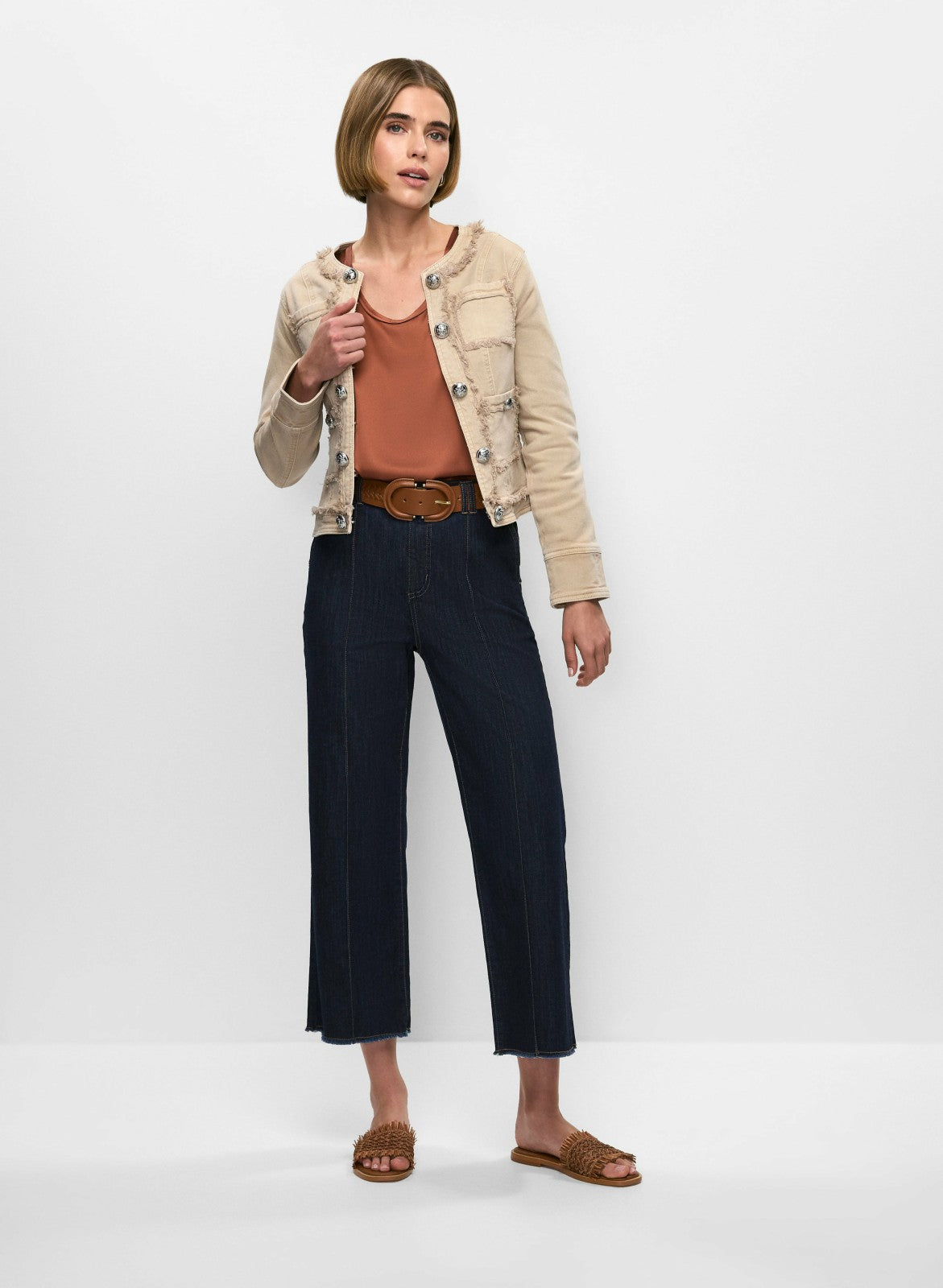 Women Decorative Fringe Denim Jacket Desert Sand | Melanie Lyne