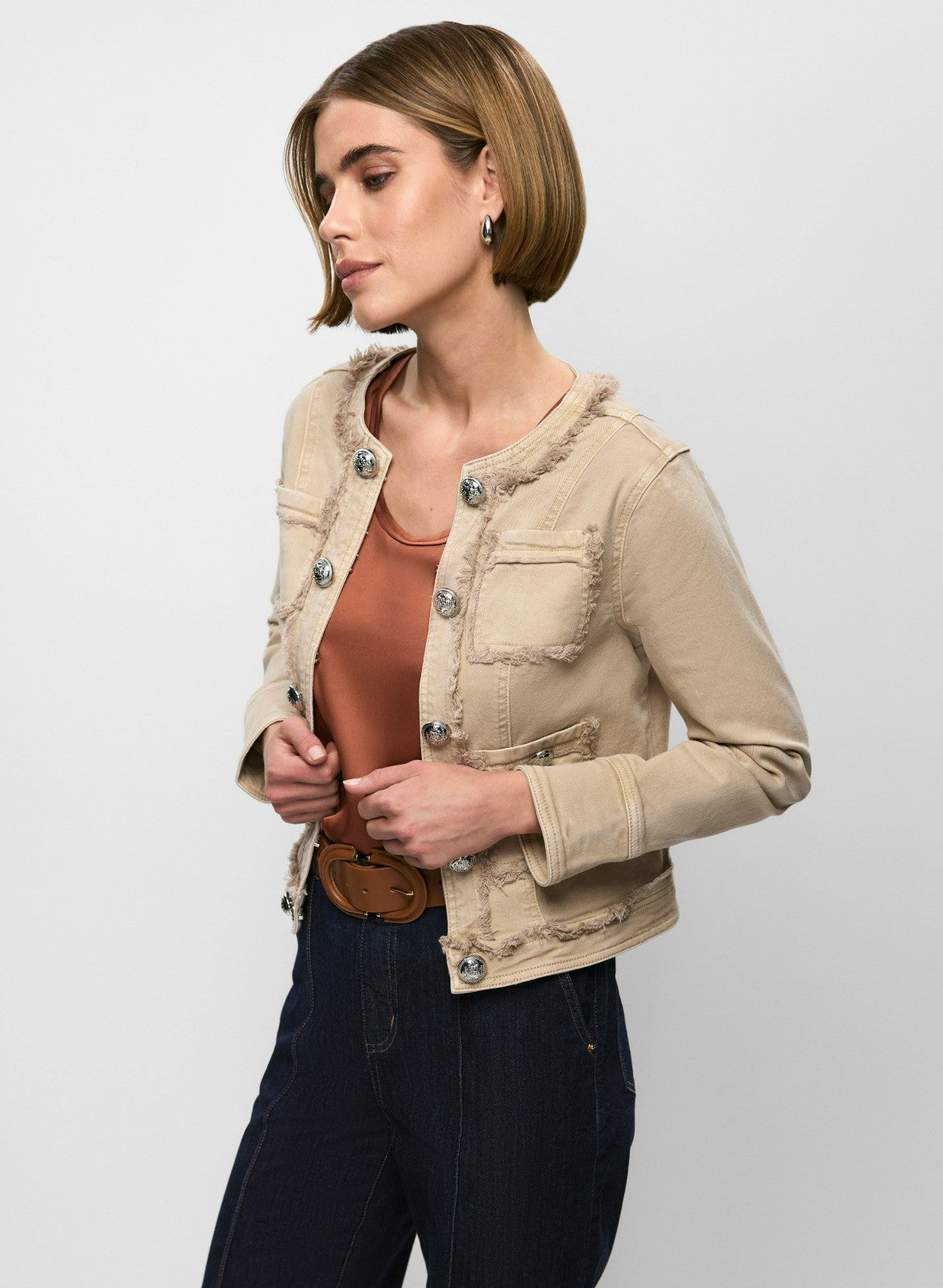 Women Decorative Fringe Denim Jacket Desert Sand | Melanie Lyne
