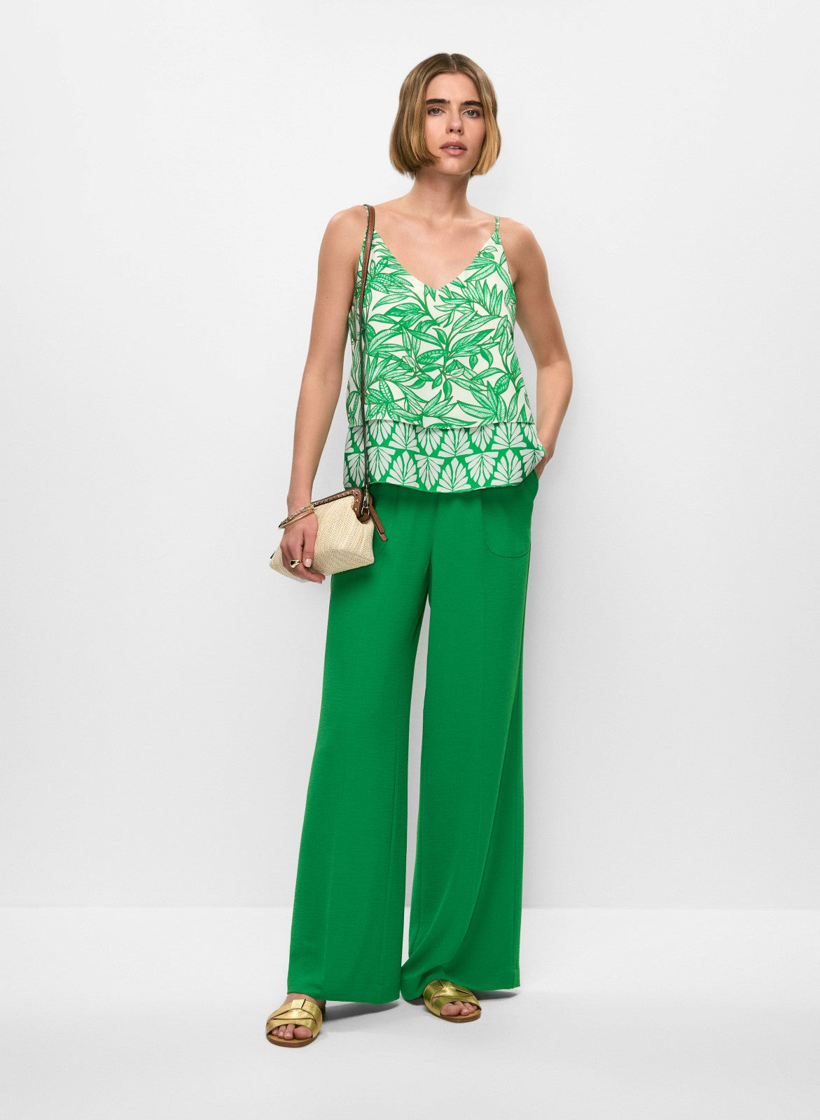 Women Palm Print Tiered Camisole Green Pattern | Melanie Lyne