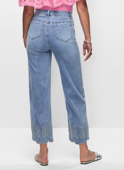 Women Embroidered Hem Culotte Jeans Light Blue | Melanie Lyne