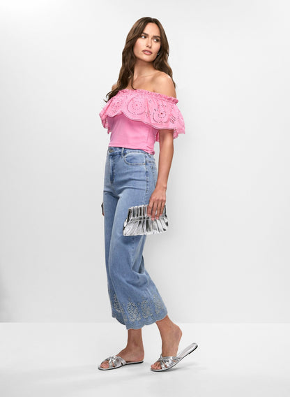 Women Embroidered Hem Culotte Jeans Light Blue | Melanie Lyne